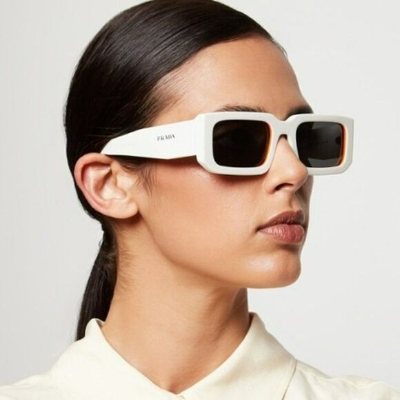 NEW Prada PR06YS 17M5S0 Talc Orange Dark Grey Rectangle Unisex Sunglasses